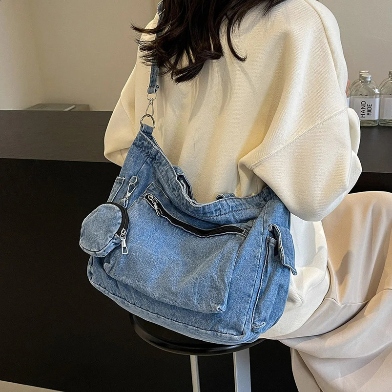 Womens denim shoulder bag with small wallet vintage fabric cross body large capacity travel messenger womens commuting 240919