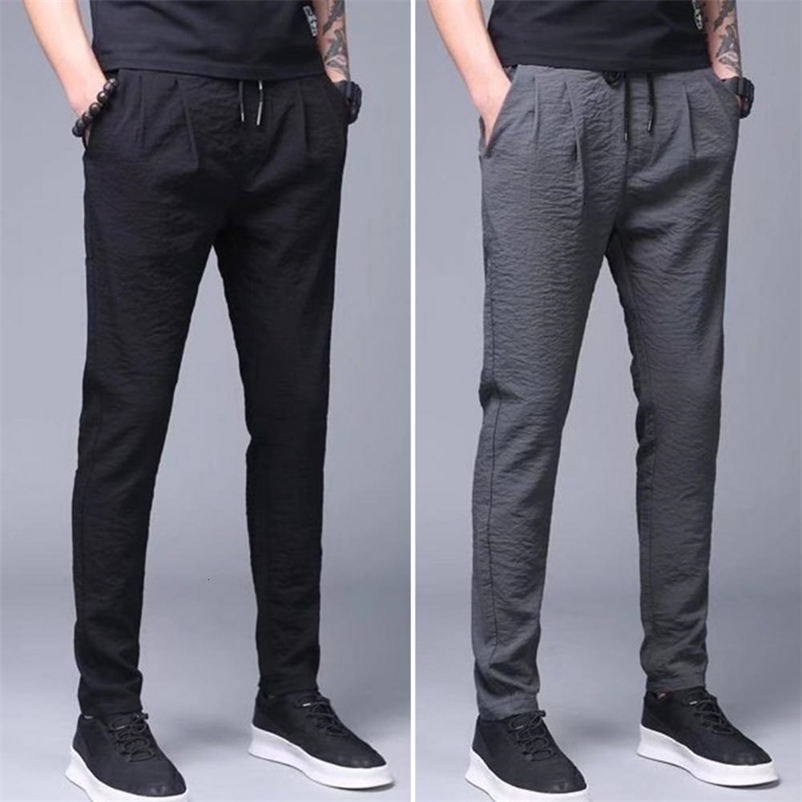 Men's Pants Summer Men Leggings Solid Color Elastic Waist Drawstring Pockets Lace-up Straight Sweatpants Streetwear 230504