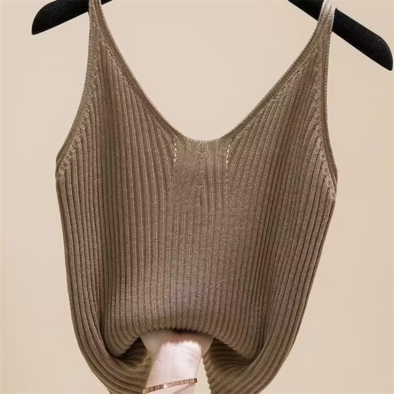 Camisoles Tanks Casual Knitted Sleeveless Camisole Women Summer Camis New Sexy V-neck Solid Color Sleeveless Camis Skinny Tops for Female 230420