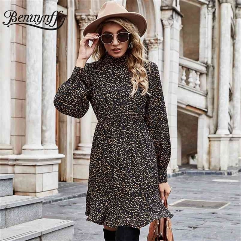 Mock Neck Print Ruffle Hem Short Dresses Women Spring High Waist Long Sleeve Female Casual A-line Dress Above Knee 210510