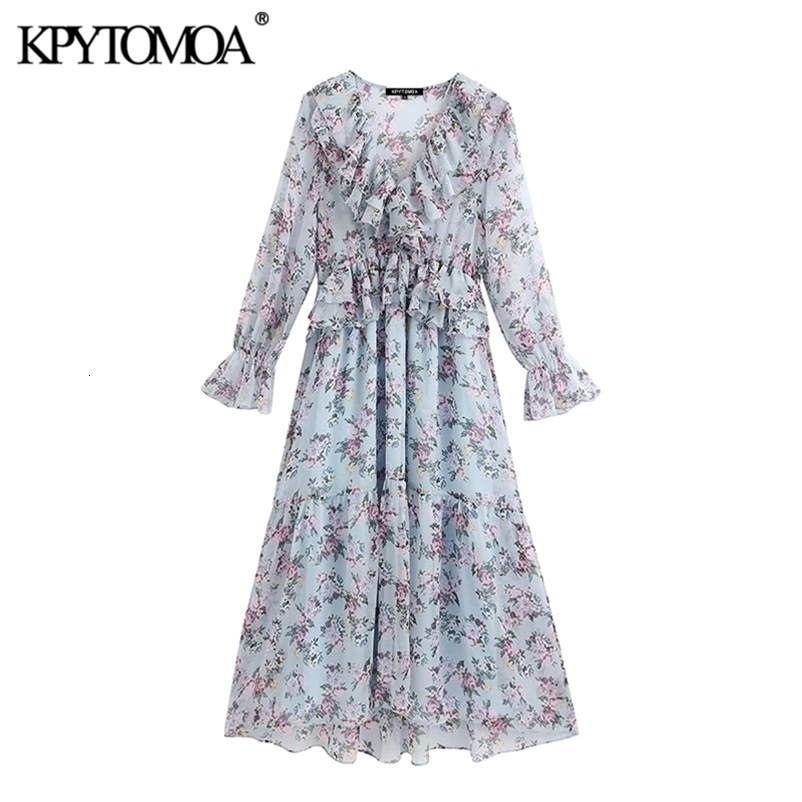 Women Chic Fashion Floral Print Ruffled Midi Dress Long Sleeve See Through Female Dresses Vestidos Mujer 210420
