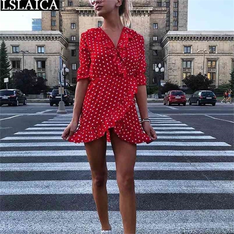 Woman Dress Summer Fashion Polka Dot Print Ruffle Half Sleeve V Neck High Waist Irregular Mini Casual Streetwear Vestido 210515