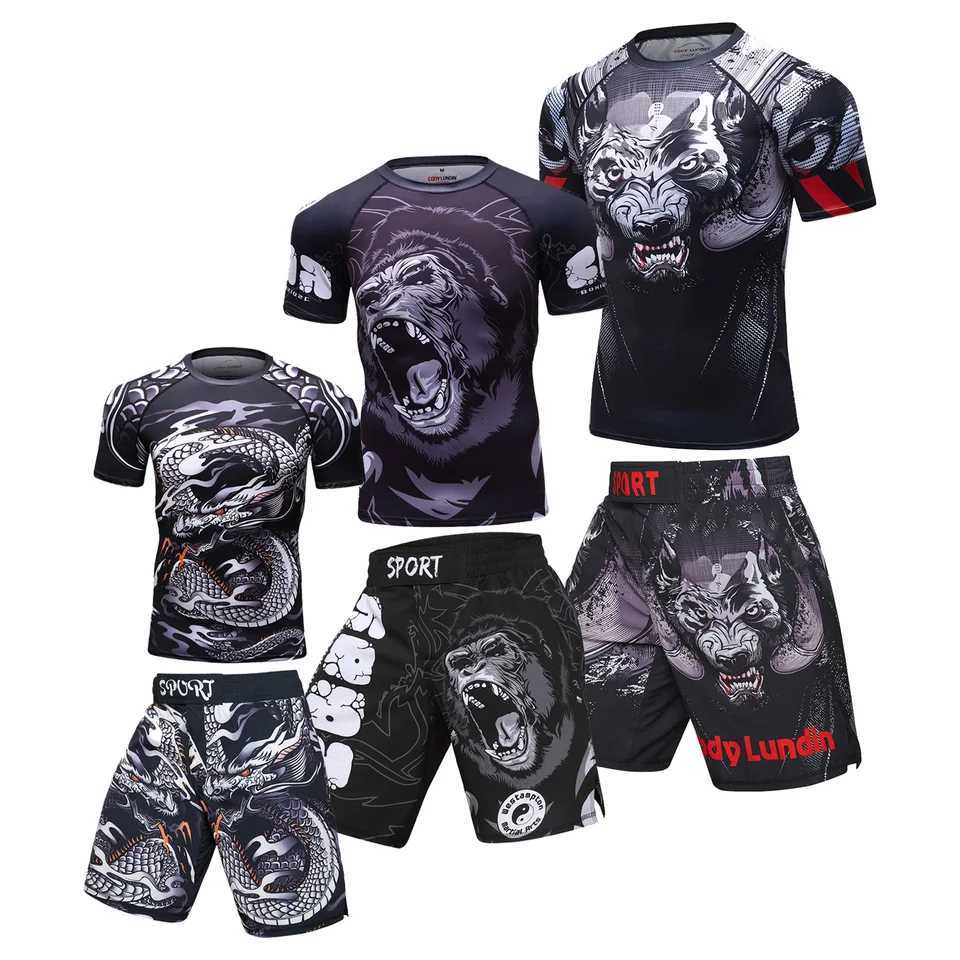 2 PCS Sports Suit Bjj Jiu jitsu gi RashguardMMA Shorts Muay Thai Pants Cool Boxing Grappling Wear Gym Running Clothes X2509241