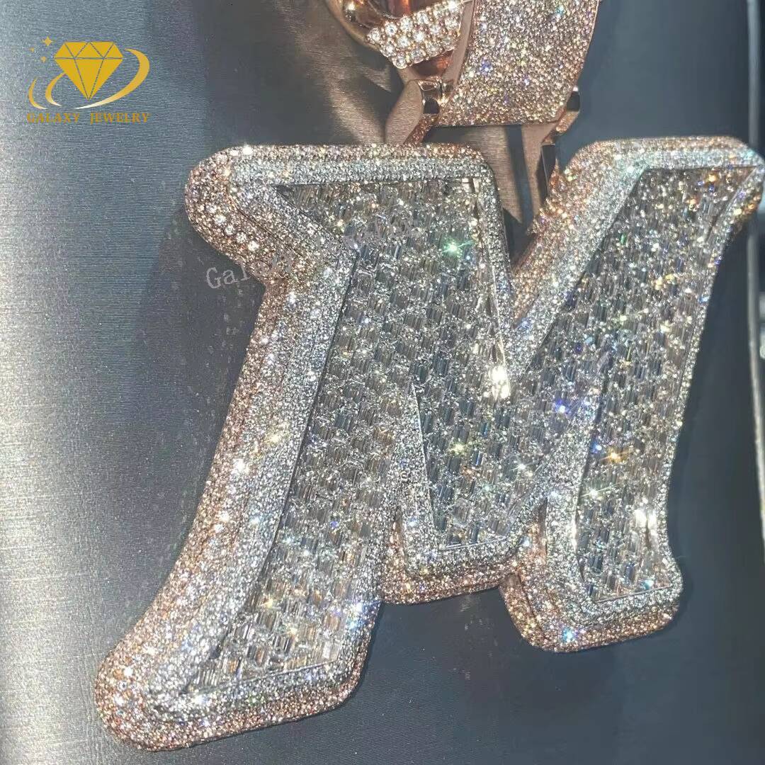 Hip Hop Rappers Mossanite Jewelry D Color Baguette Diamond 925 Sterling Silver Name Initial Pendant Necklace Letter M Pendant
