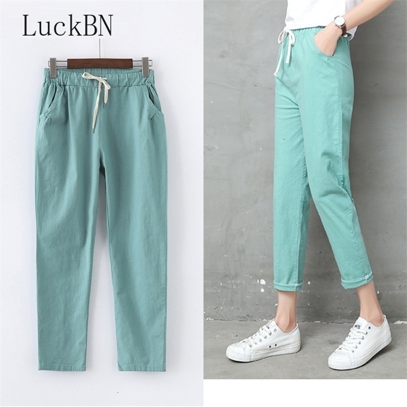 Women's Pants Capris Autumn Cotton Linen Pants Women Candy Color Casual Loose Harem Pants for Women Ankle Length Trousers Female Elastic Waist Pa