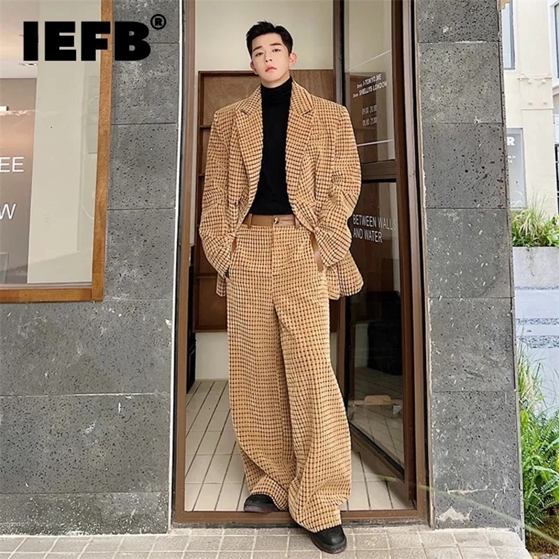 IEFB Spring Korean Chic Male Set Corduroy PU Leather Spliced Two-piece Shoulder Pad Blazer Straight Pants Men Wear 250220