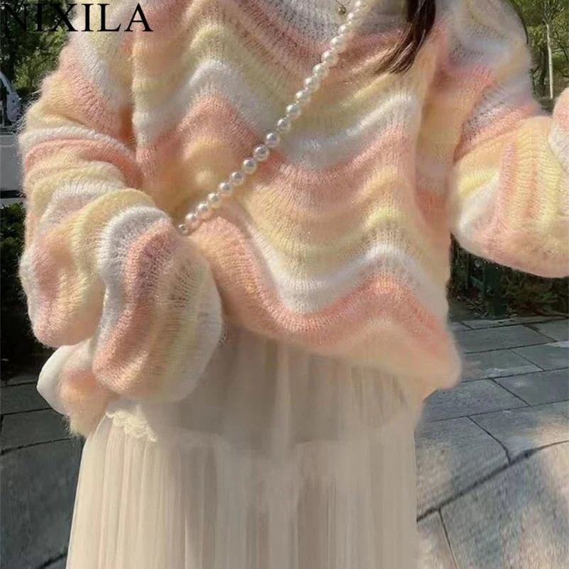 Spring Autumn Womens Pullover Sweet Rainbow Bar Sweater Women Elegant Loose Knit Long Sleeve Tops Korean Fashion Lady Clothes 240912