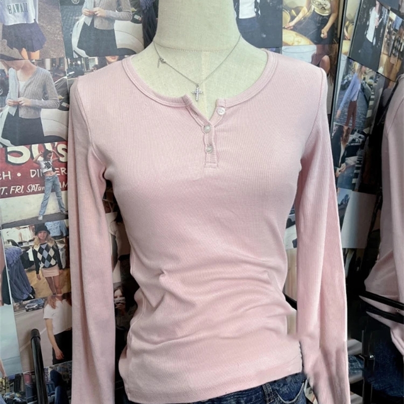 Vintage Button Ribbed Long Sleeve Tees Women Autumn Casual Round Neck Pink Cotton Y2k Tops Vintage Sweet Slim T Shirt For Women 240228