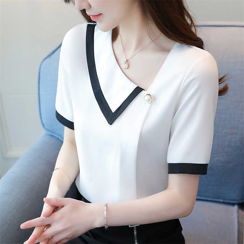 Blouses for Women Summer Tops Short Sleeve Casual Chiffon Blouse Female Work Wear WhiteOffice Shirts Plus Size XXL 210531