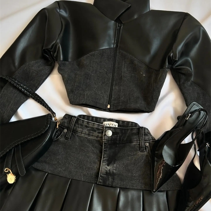 Two piece womens set Y2K Pu leather patchwork denim black skiing set Harajuku Gothic sexy zipper jacket mini skiing 241219