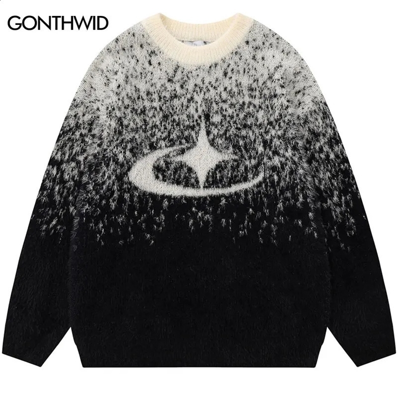 Harajuku Mohair Sweater Y2K Knitted Star Fuzzy Fluffy Gradient Pullover Jumper Streetwear Men Hip Hop Loose Cozy Sweaters 240912