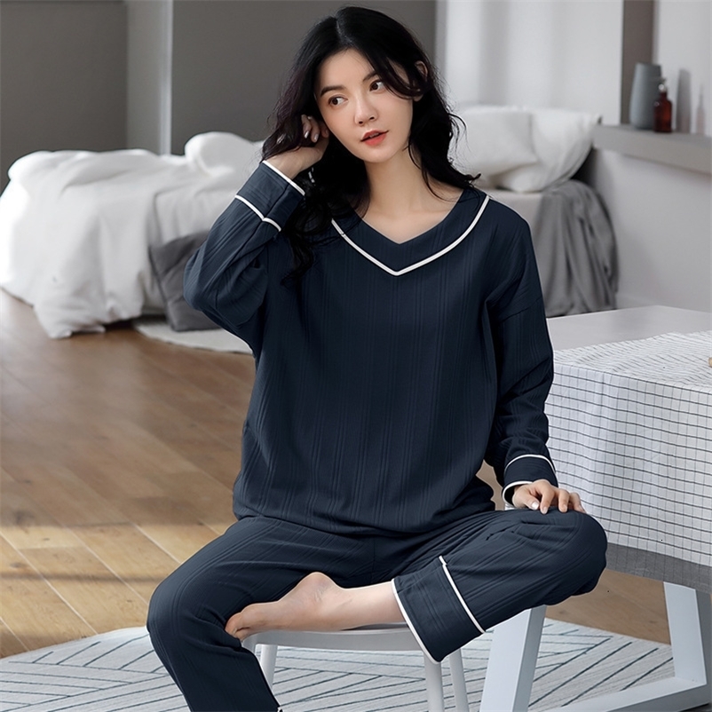 Women's Sleepwear M-5XL Casual Plus Size Full Cotton Pajamas Women Autumn Winter Pyjamas Suit Female Long Sleeve Loose V Neck Sleepwear Set 23030