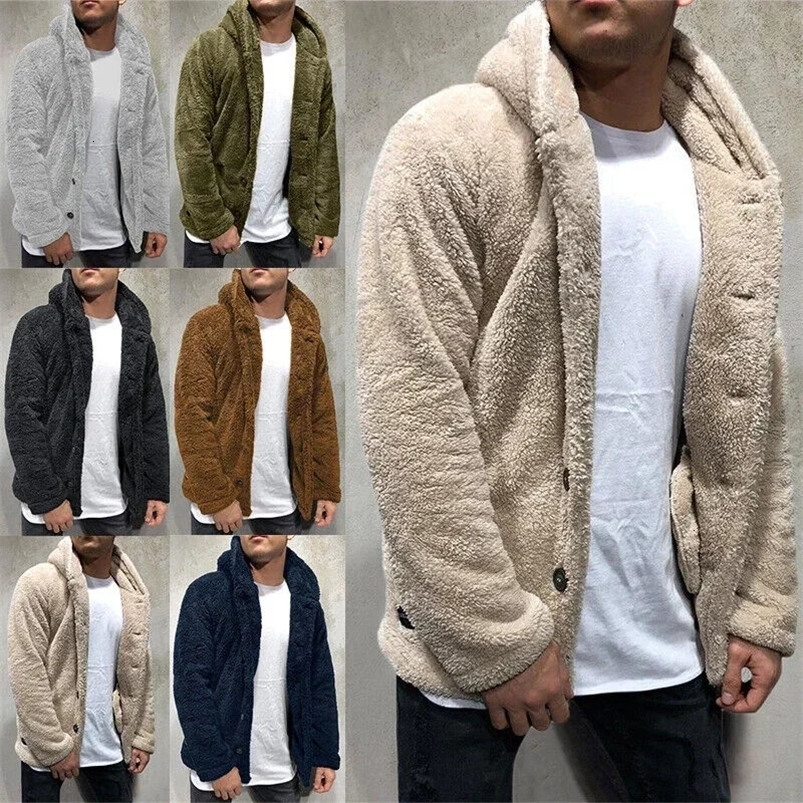 Mens Teddy Bear Wool Coat Winter Warm Hooded Coat Fashion Solid Color Long Sleeve Pocket Button Hooded Warm Coat 241214