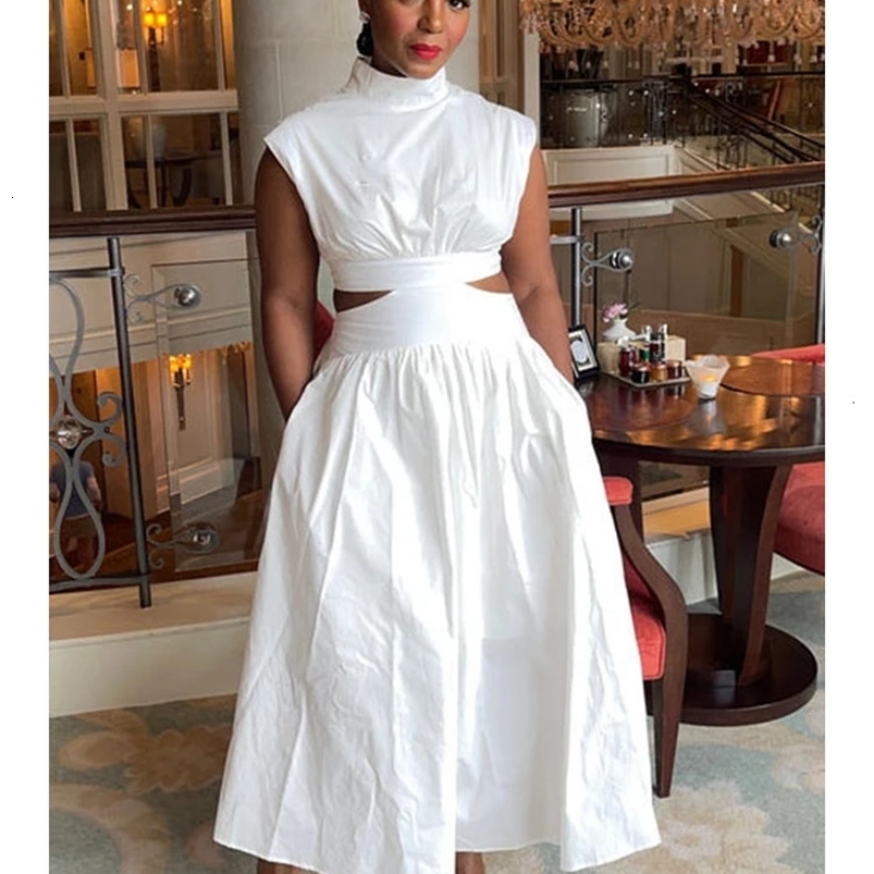 Plain collar plus size dress sleeveless white dress A-Line elegant pocket summer fashion casual party hollow dress 241211