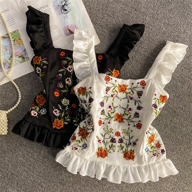 Camisoles Tanks Embroidered crop tops tank top woman sleeveless camisole slim fit tanke tops ruffle camis for women summer 230426