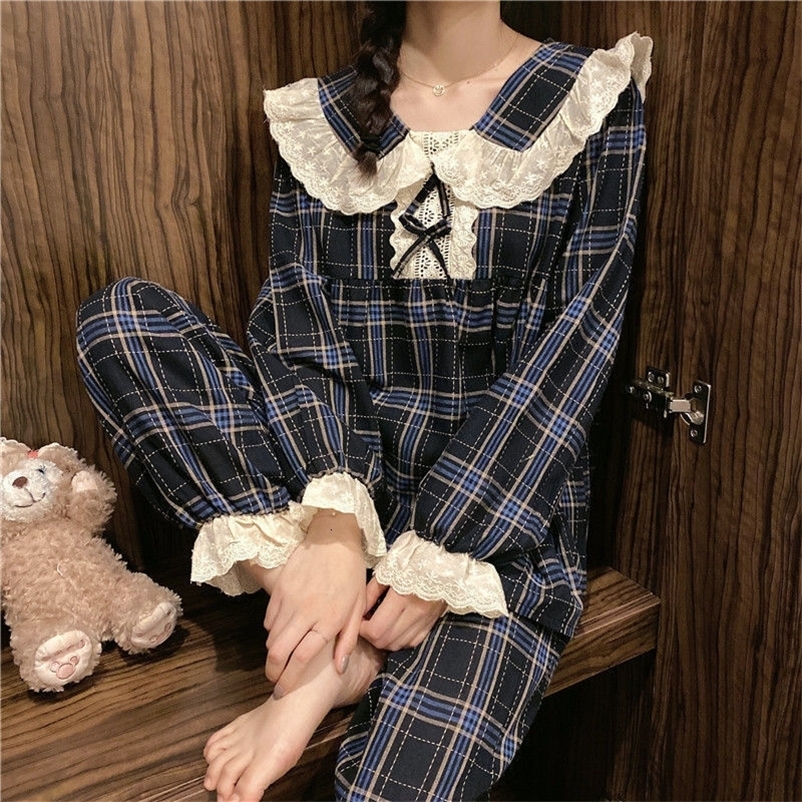Women's Sleepwear Princess Plaid Pajamas Set Sweet Full-Length Sleepwear For Women Cotton Retro Soft Pyjama Women's Soft Fashion Homewear 23