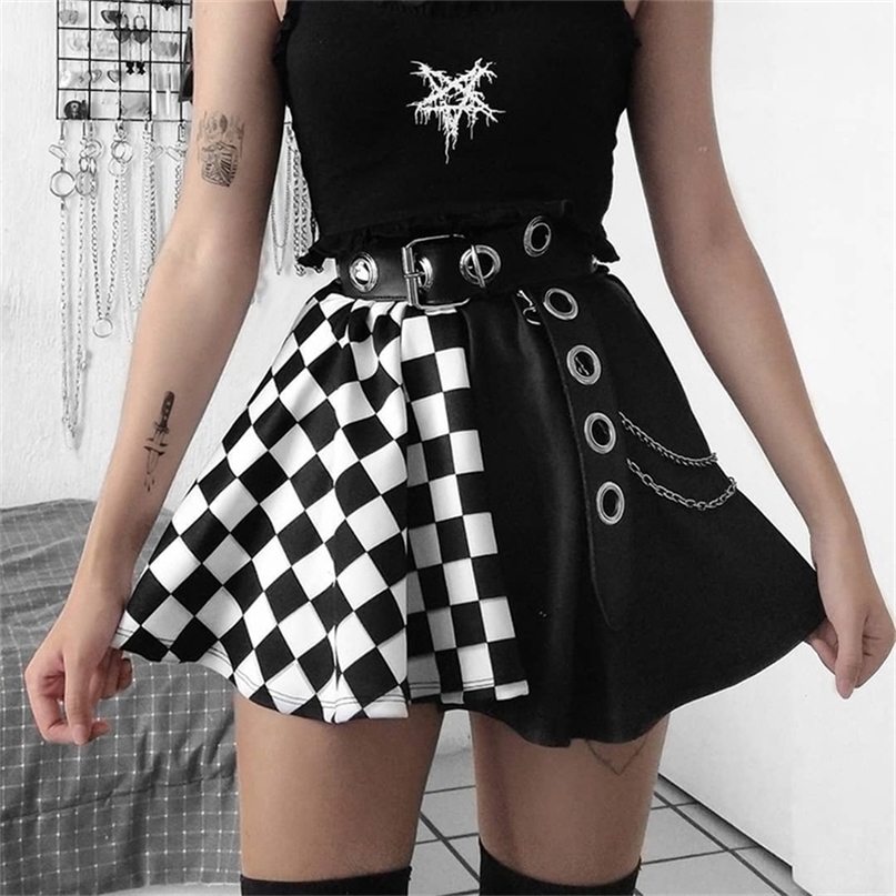 Goth Dark Plaid Pleated Skirt Black on White Contrast Patchwork Skirts High Waist Harajuku EGirl Partywear 220701