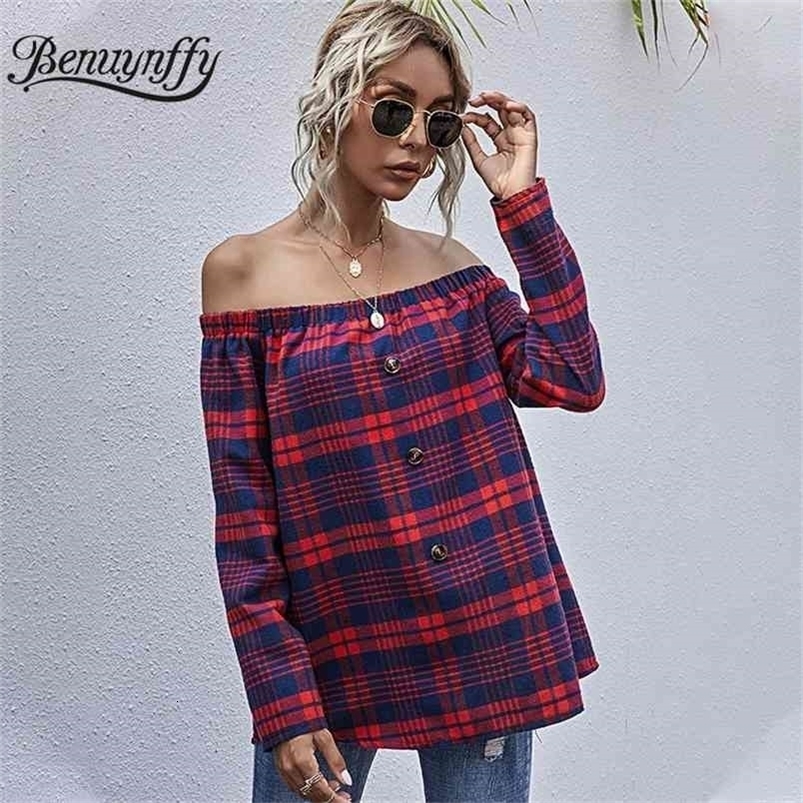 Button Front Plaid Off Shoulder Top Women Autumn Slash neck Long Sleeve Tops Loose Casual Streetwear Ladies Blouses 210510