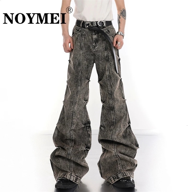 NOYMEI Male Y2k Wide Leg Jean Pleated Vintage Fashion Mens Micro Flared Denim Pants High Street Trousers Stack WA3351 240912