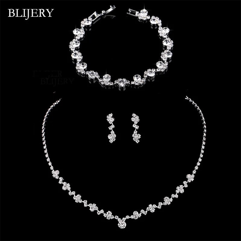 BLIJERY Fashion Crystal Bridal Jewelry Sets Silver Color Geometric Choker Necklace Earrings Bracelet Wedding 250103z
