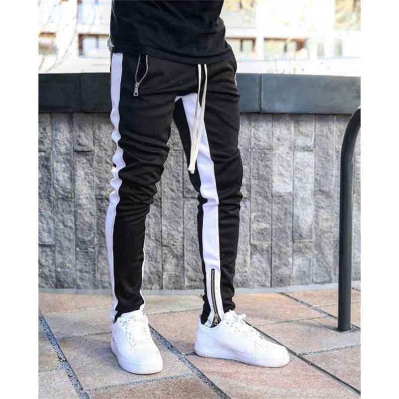 Men Jogger Pants Fitness Bodybuilding Gym Long Pants Spring Autumn Side Stripe Zippered Casual Fashion Men Sweatpants Trousers 210930
