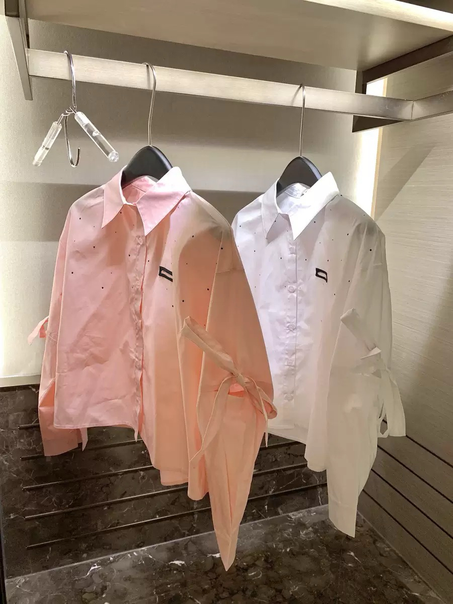 Luxury Women Cropped Shirt Tops Letters Embroidered White Blouse Elegant Long Sleeve Button Shirts Top Lady Cotton Shirts Brand MM Tops Clothes Pink Shirts Size S-L
