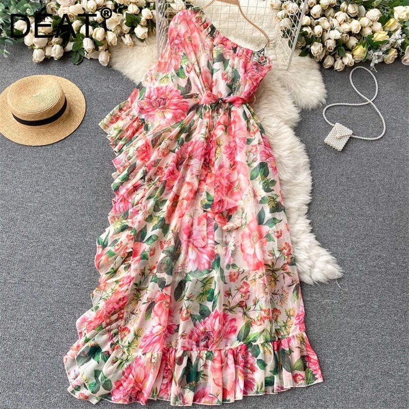 DEAT Women Printing Ruffles Dress Diagonal Collar Sleeveless Arrivals Lady Sexy Fashion Spring Summer 11D1716 210709