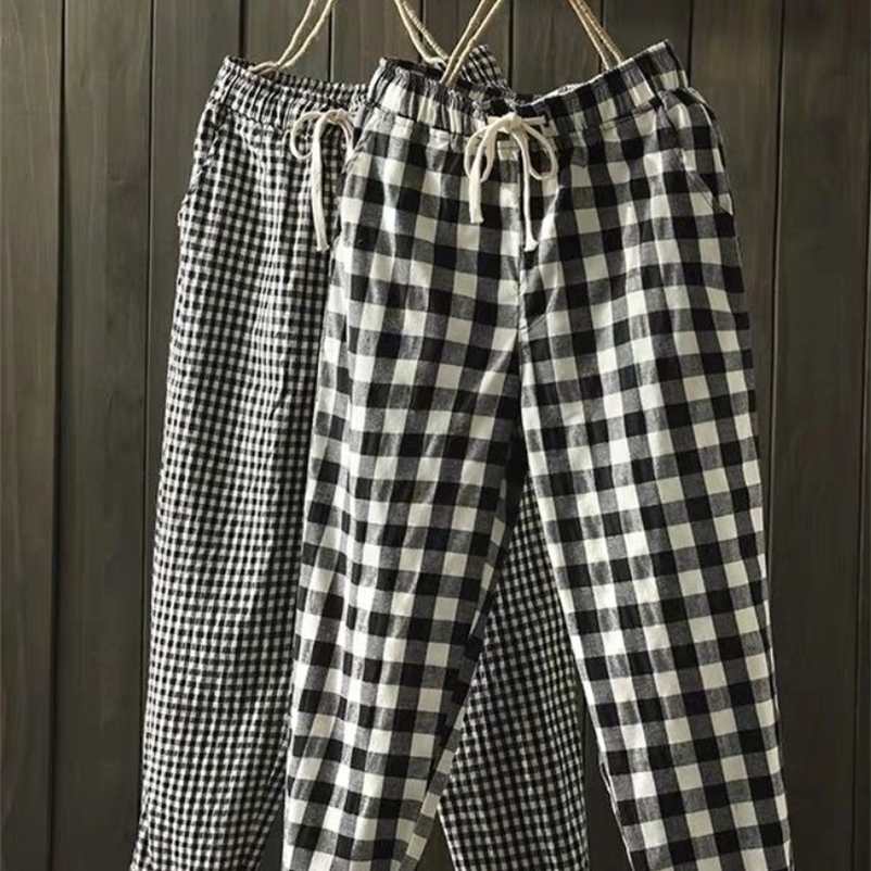 Women's Pants Capris Spring Summer Plaid Pants Women's Harem Pants Capris Drawstring Waist Large Size Casual Loose Cotton Linen Trousers Wom