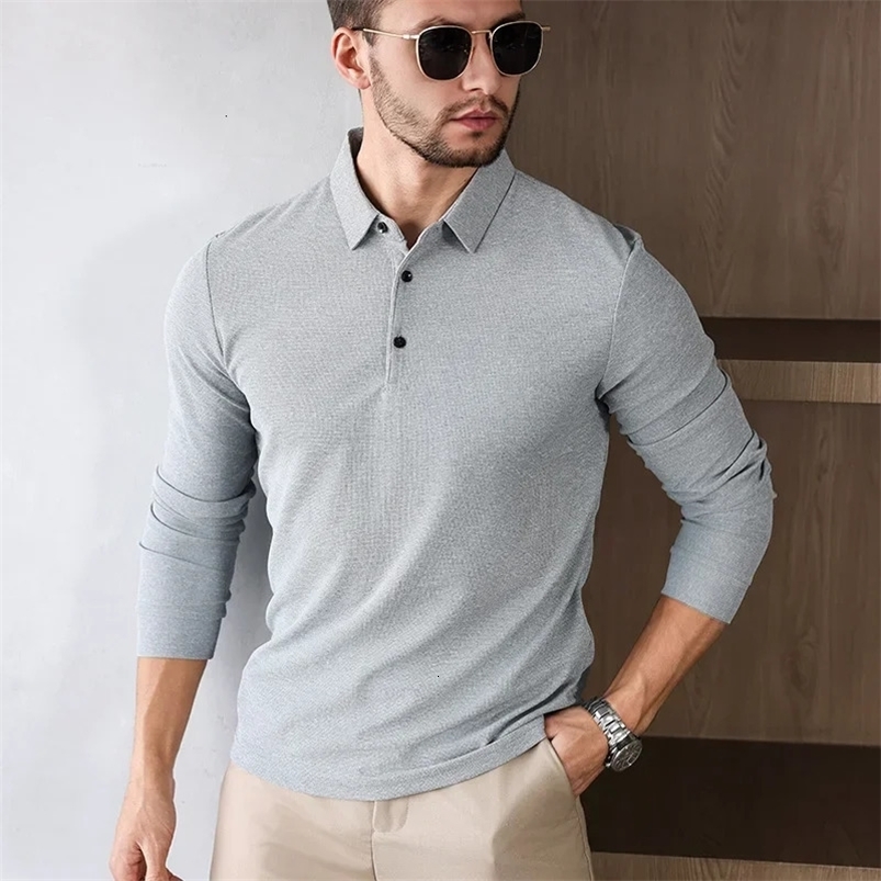Mens business casual long sleeved solid color polo shirt fashionable breathable and comfortable Versatile top 250327