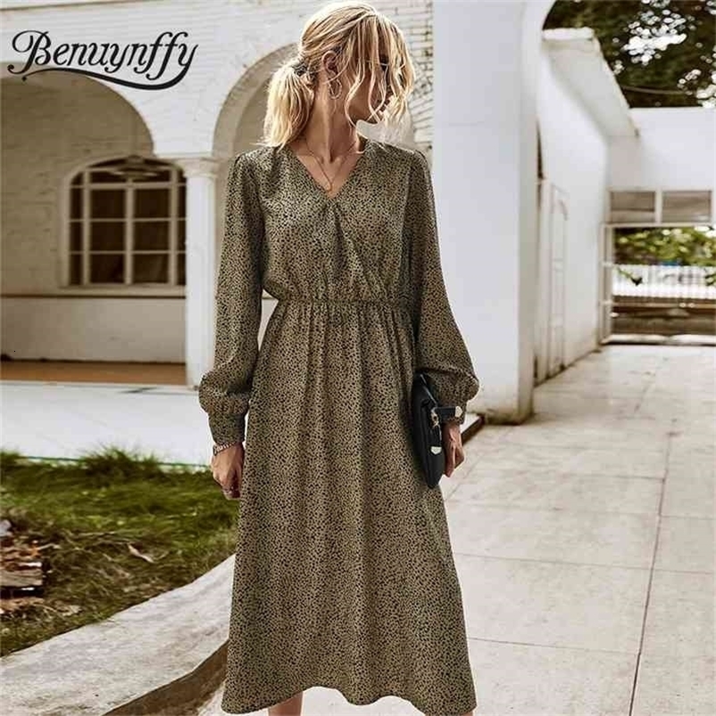 Casual High Elastic Waist Printed Women Dresses Autumn V-Neck Long Sleeve Woman Elegant OL A-Line Dress 210510