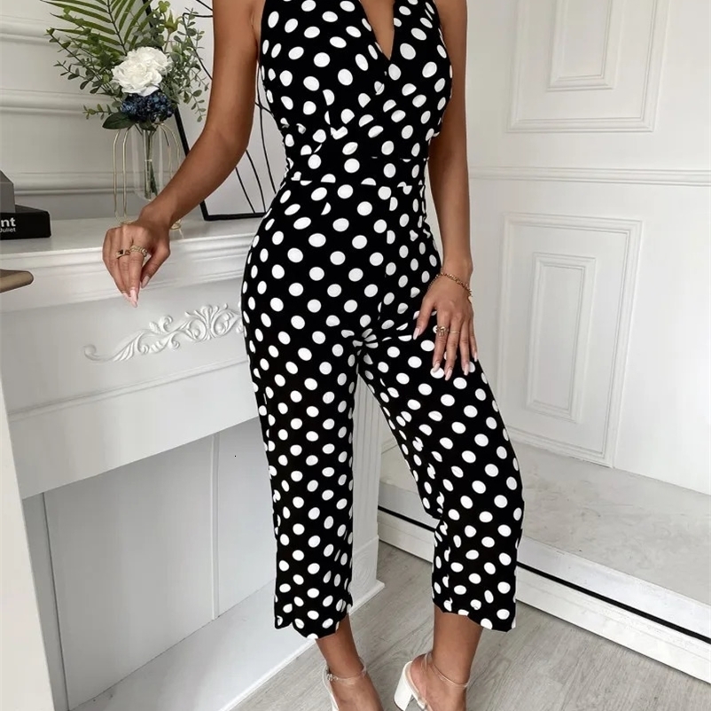 Women's Jumpsuits Rompers Women Polkadot Print Halter Rompers Sexy Sleeveless Backless Lace-up Calf-length Jumpsuits 231202