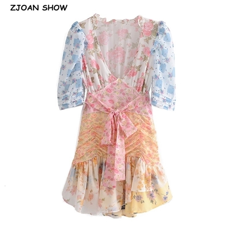 France Short Puff Sleeve Floral Print Hit Color Dress Retro Women Pleated Ruffle Tie Bow Sashes Mini Dresses Holiday 210429