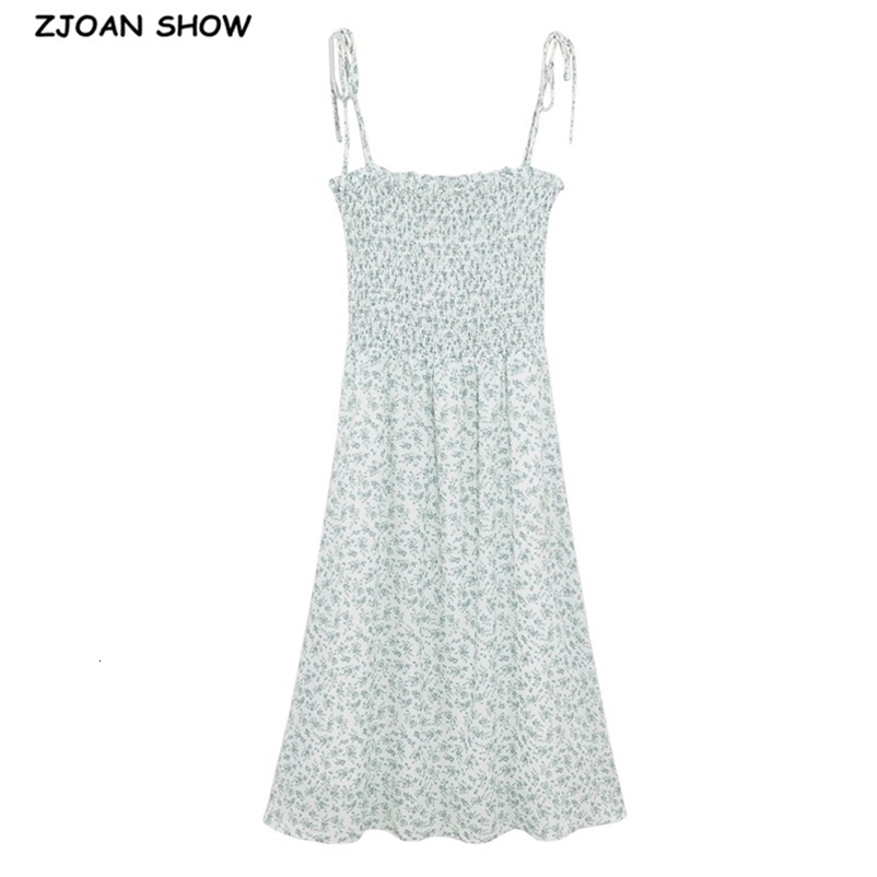 Retro Elegant Elastic Body Long Sling Dresses France Fresh Floral Print Vintage Women Summer Dress Holiday 210429