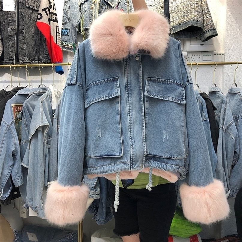 Winter Warm Lamb Coat Big Pocket Denim Jacket For Women Thick Large Fur Loose Parka Plus Size Denim Parka For Winter 200928