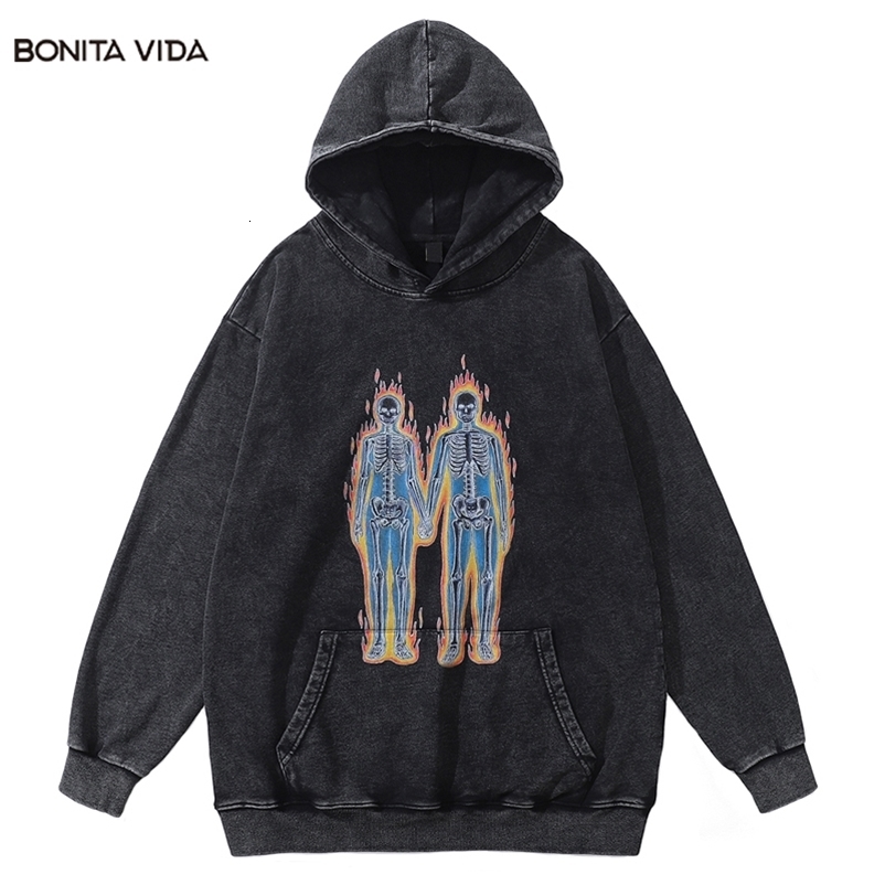 Men's Hoodies Sweatshirts Skull Print Punk Gothic Wash Oversized Sweatshirt Vintage Street Wear Y2K Grunge Hip Hop Original Cotton Loose Hoodie 2