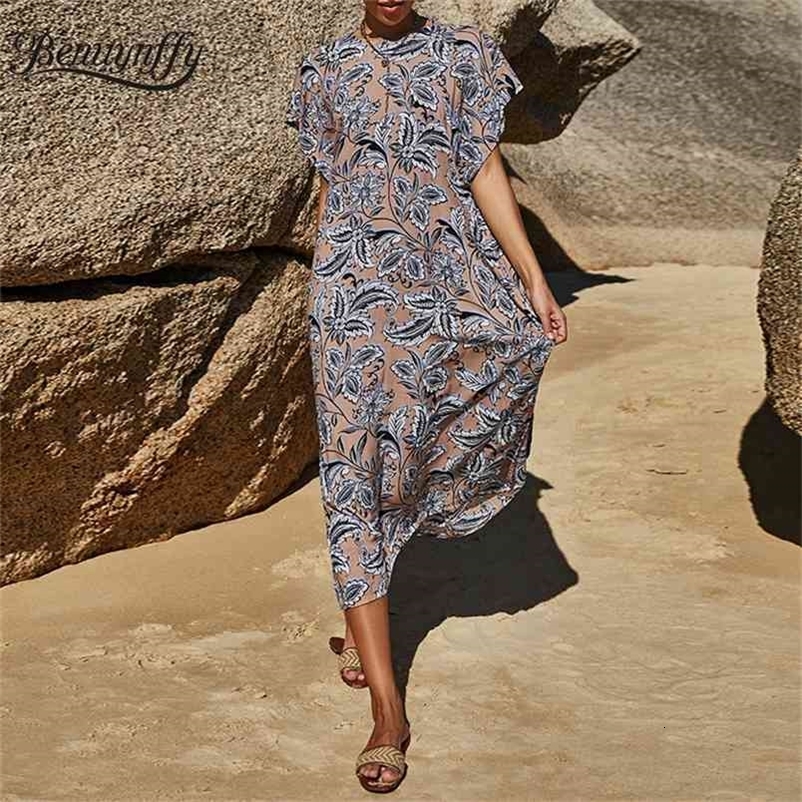 Crew Neck Tie Back Print Loose Dresses Women Summer Raglan Slevee Beach Style Casual Split Long Dress 210510