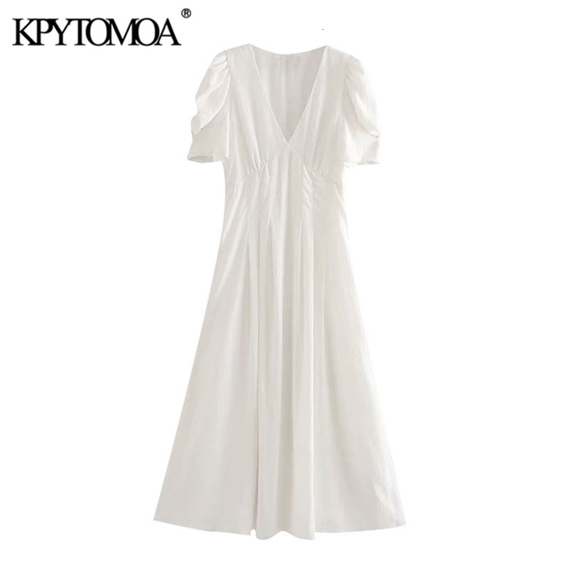 Women Elegant Fashion Solid Pleated Midi Dress V Neck Puff Sleeve Female Dresses Chic Vestidos Mujer 210420