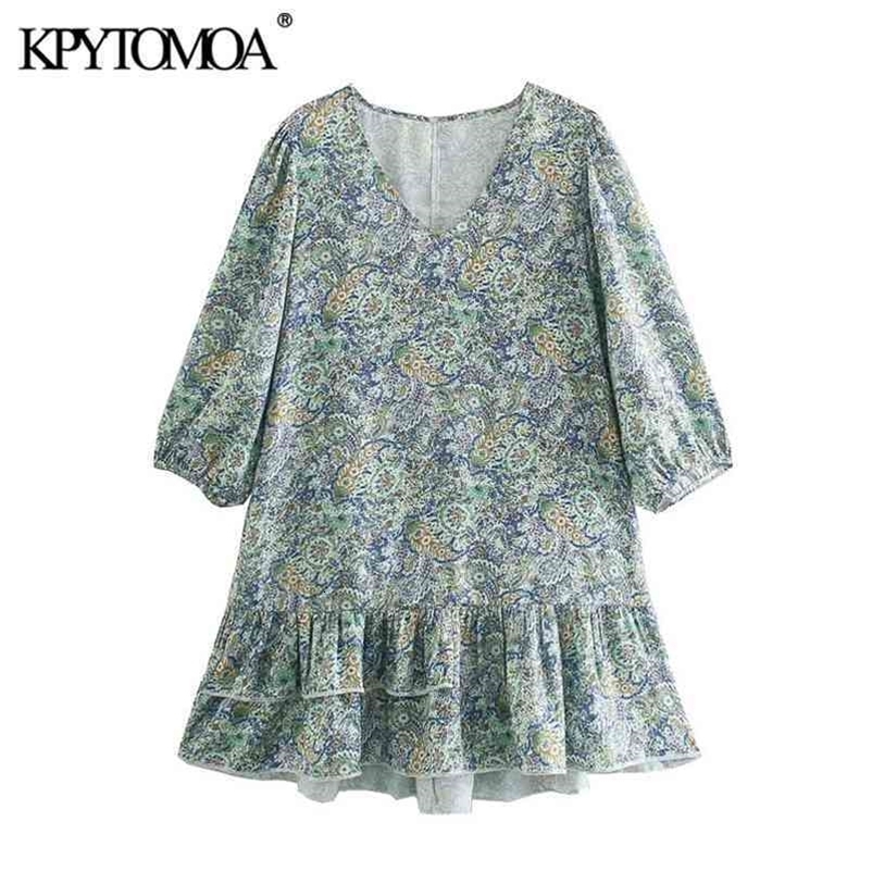 Women Chic Fashion Paisley Print Ruffled Mini Dress V Neck Three Quarter Sleeve Female Dresses Vestidos 210420