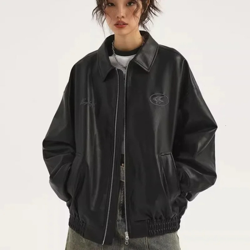 Xinghard Trendy Womens Black Jacket Autumn Collection American Retro Leather Jacket Casual Loose Fit 241031