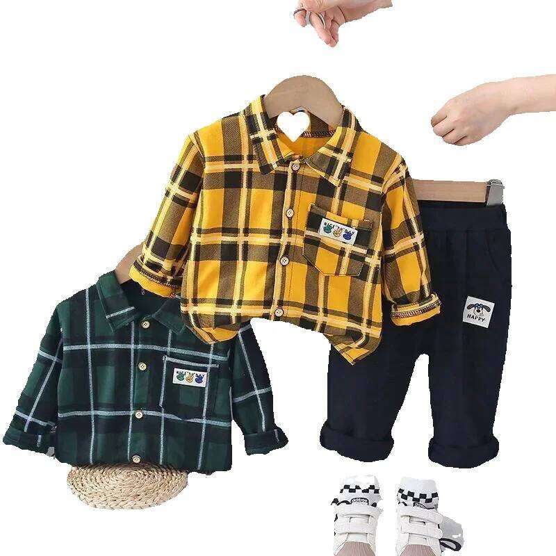 Autumn Newborn Clothes: Plaid Toddler Outfit - Stylish Long Sleeve Shirt and Pants Set for Boys, Perfect Spring/Autumn Two-Piece Suit