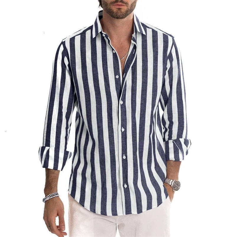Men's Casual Shirts Casual Men Striped Print Blouse Shirts Male Summer Spring Turn Down Collar Long Sleeve Button Loose Sand Beach Tops FYY-10781