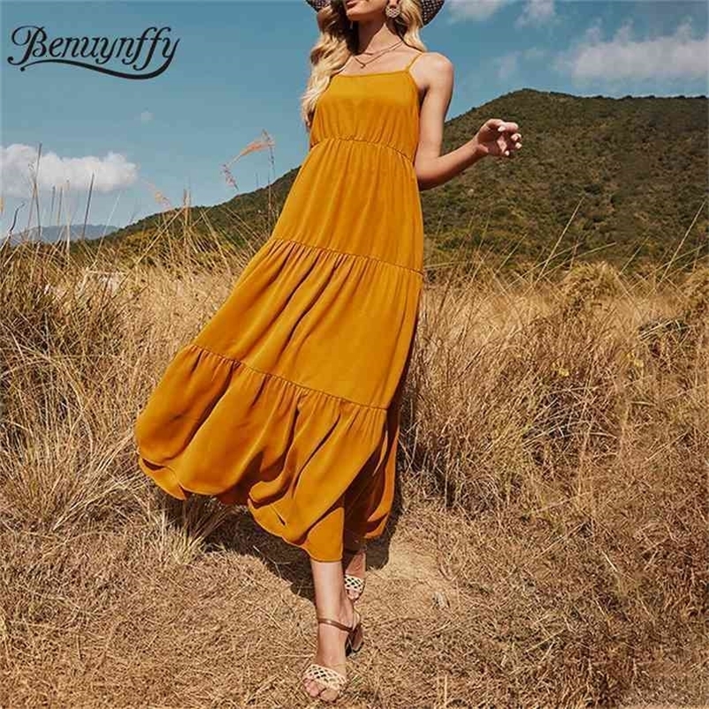 Womens Summer Cami Smock Dress Loose Adjustable Spaghetti Strap Sleeveless Female Solid Casual Maxi Long 210510