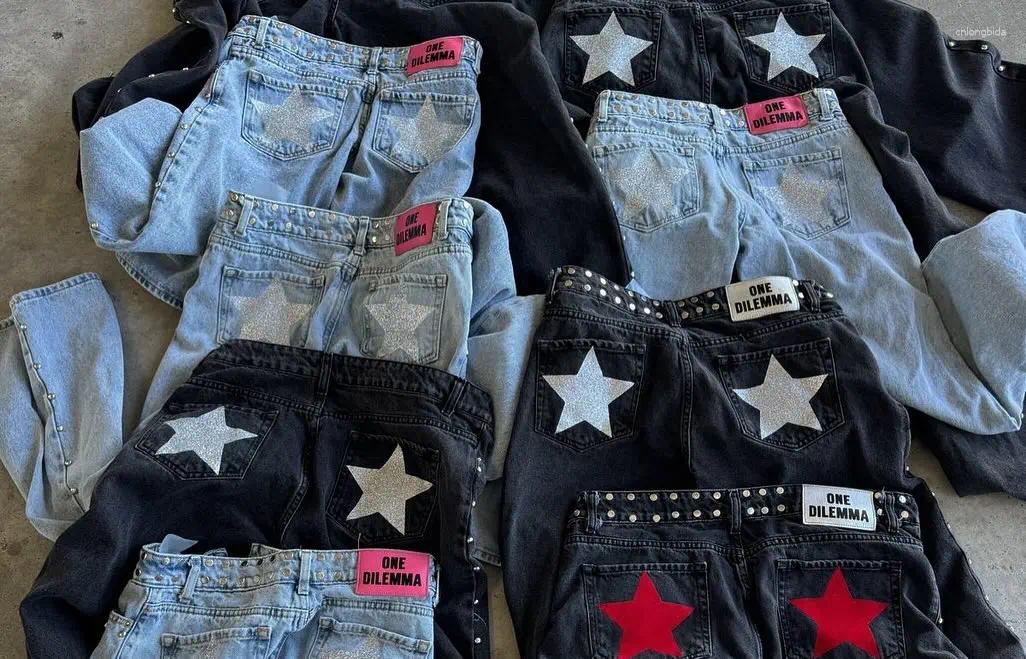 Women's Jeans ONE DILEMMA Five-Pointed Star Rivet Design Fashion Street Harajuku Baggy Women Clothing Casual Straight Denim Pants