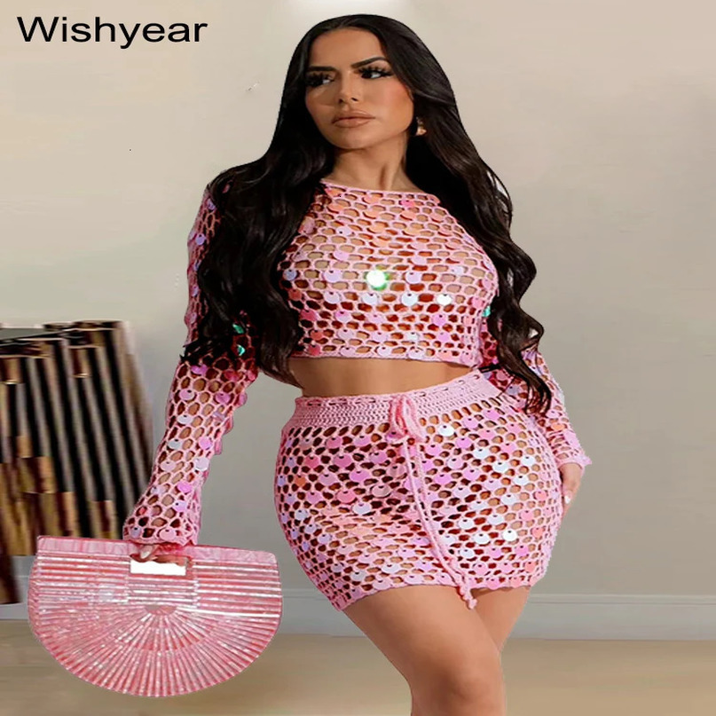 Sexy Hollow Out Beach Sequin Knitted Dress Set for Women Glitter CoverUp Tops and Mini Skirt 2 TwoPiece Night Club Outfits 240423
