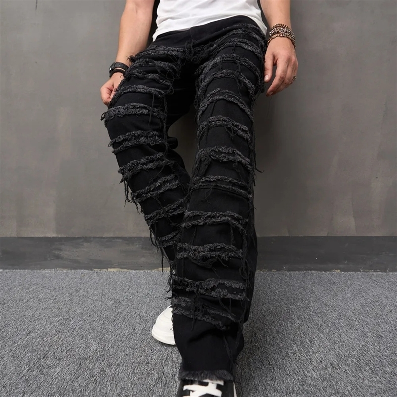 Fashion Mens Stacked Spliced Loose Biker Jeans Hip Hop Men Straight Denim Trousers Streetwear Male Casual Denim Pants 240912