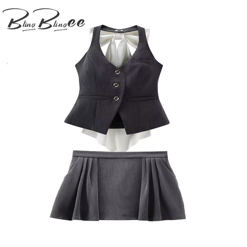 BlingBlingee Y2K Women Halter Crop Top Mini Skirt Suits Traf Summer Remove Big Bow Patchwork Sleeveless V Neck Slim Vest Sets 240423