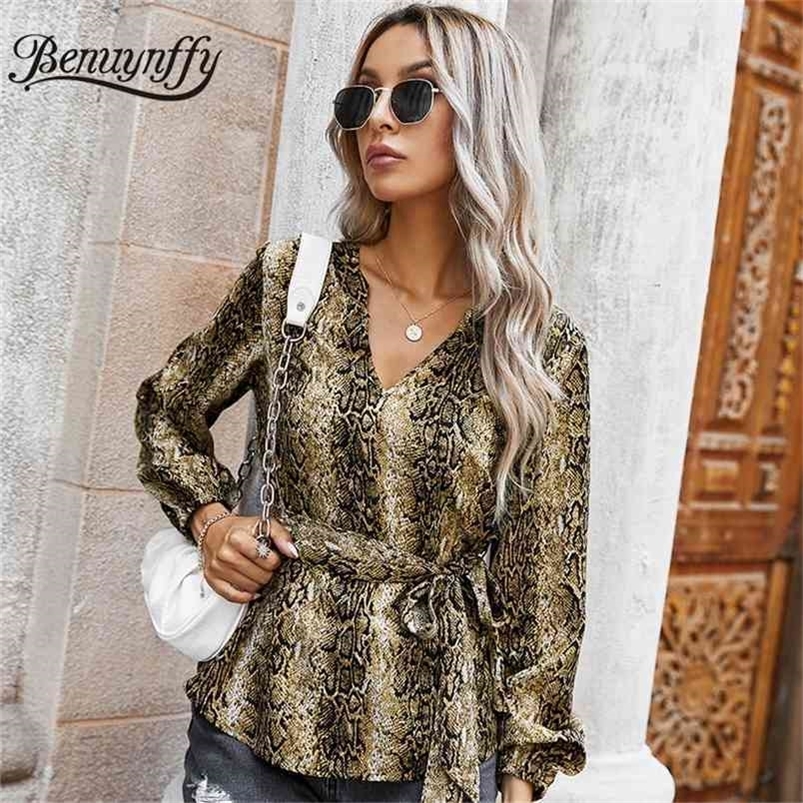 Elegant Office Ladies Snake Print Belted Top Blouse Women Autumn Fashion High Street V-Neck Long Sleeve Slim Tops 210510