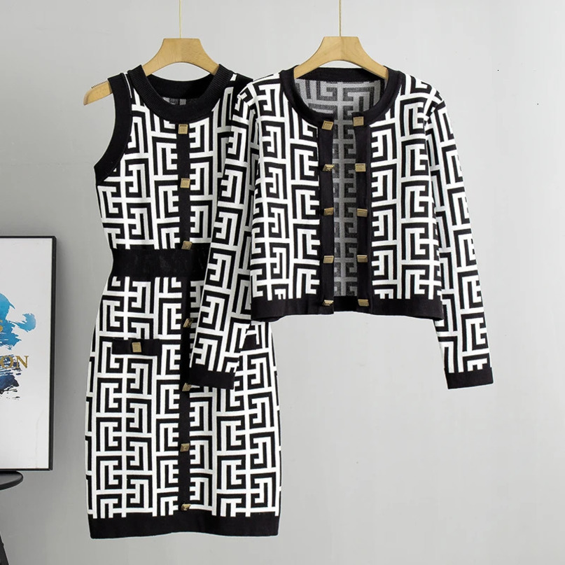 Women Suit Knitted Sweaters and Dress Two Pieces Set Spring Autumn Elegant Casual Knitwear Cardigans Jumpers Pull Femme 240423