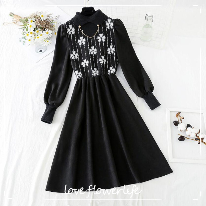 Spring Splicing Knitted Women Dress Half high collar Print Long Sleeve Dresses A-line Vintage Black Dress Vestidos 210521