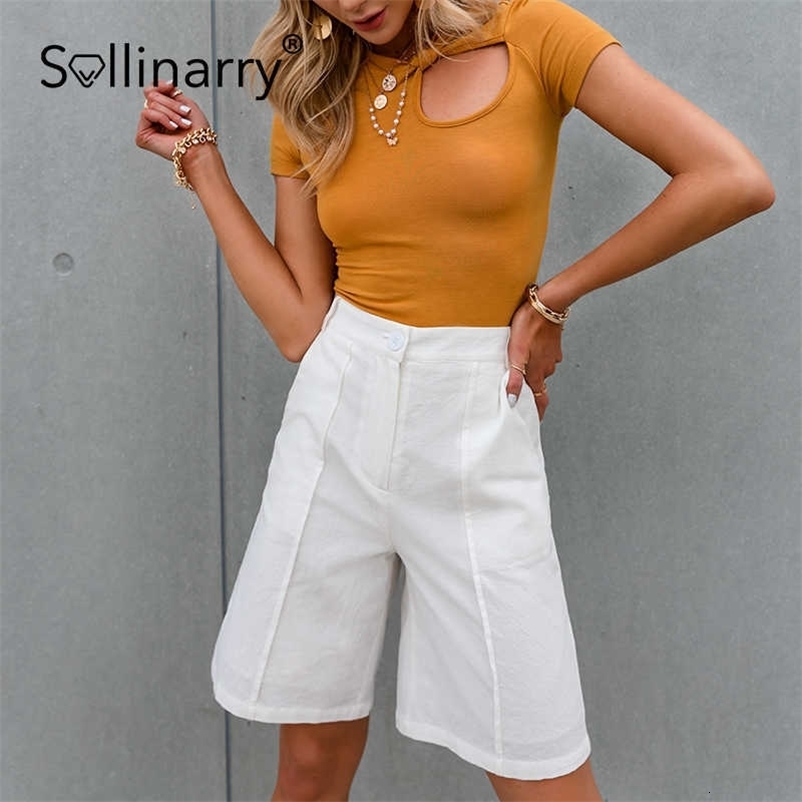 Sollinarry Casual white high street women capris summer Spring fashion pocket high waist pants Office solid elegant bottom 210709